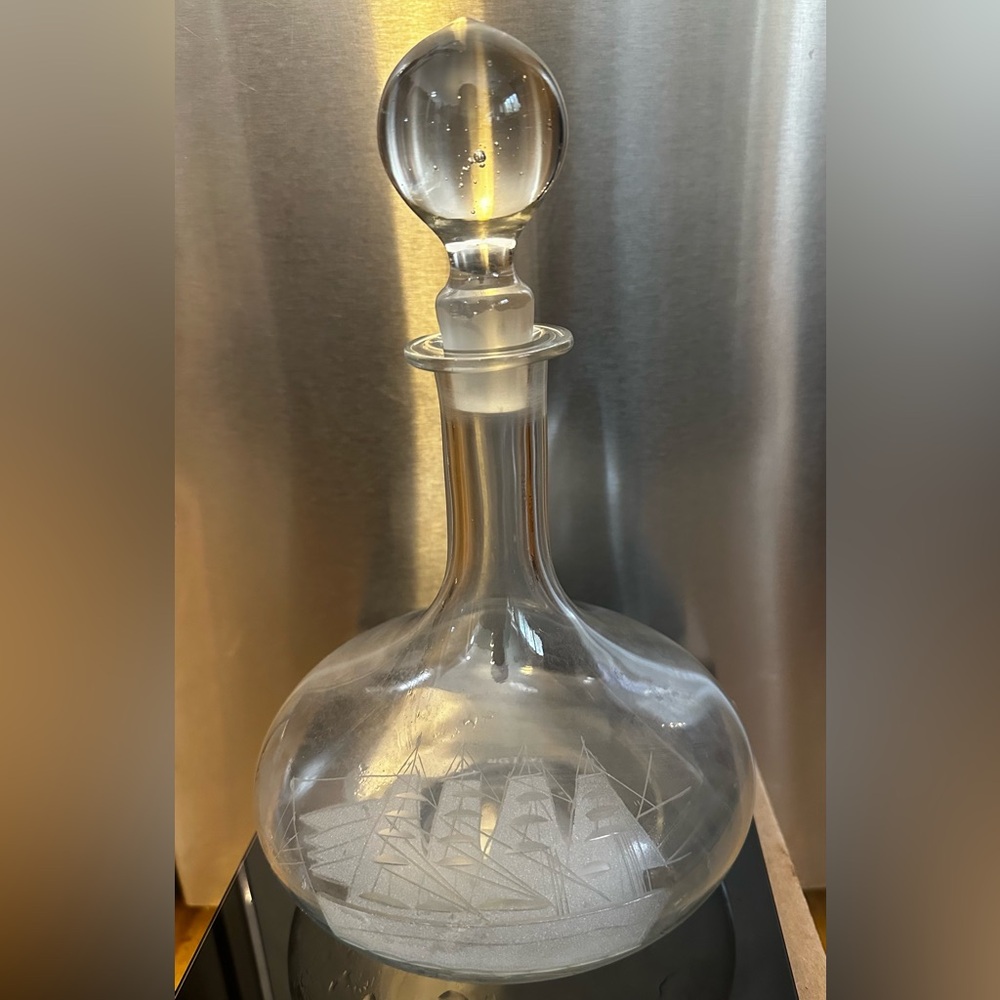 Vintage Whiskey Alcohol Decanter Glass Etched Sailing Ship Boat Frosted White